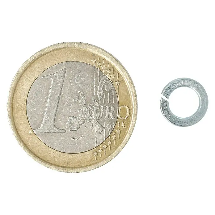 Profi Depot Federring - 5,1 mm, 100 Stk., DIN 127, Verzinkt - Eine Nahaufnahme einer Federscheibe neben einer 1-Euro-Münze, die die geringe Größe der Unterlegscheibe hervorhebt.