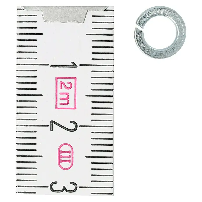 Profi Depot Federring - 5,1 mm, 100 Stk., DIN 127, Verzinkt - Eine Nahaufnahme einer Federringscheibe neben einem Messstab, der die Größe des Objekts im Detail zeigt.