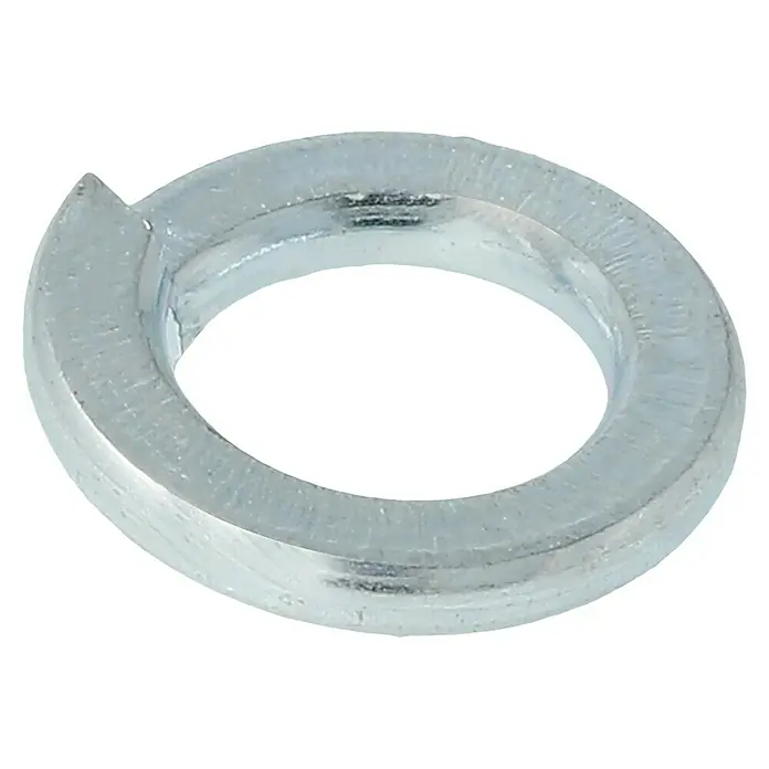 Profi Depot Federring - 5,1 mm, 100 Stk., DIN 127, Verzinkt - Nahaufnahme einer verzinkten Federringscheibe, die zur Sicherung von Schraubenverbindungen verwendet wird. Das Detail zeigt die gespaltene Bauform.