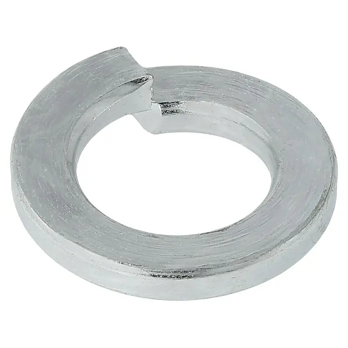 Profi Depot Federring - 8,1 mm, 100 Stk., DIN 127, Verzinkt - Nahaufnahme einer verzinkten Federscheibe. Das runde Metallstück ist aufgeschnitten und leicht verdreht, um Spannung zu erzeugen.