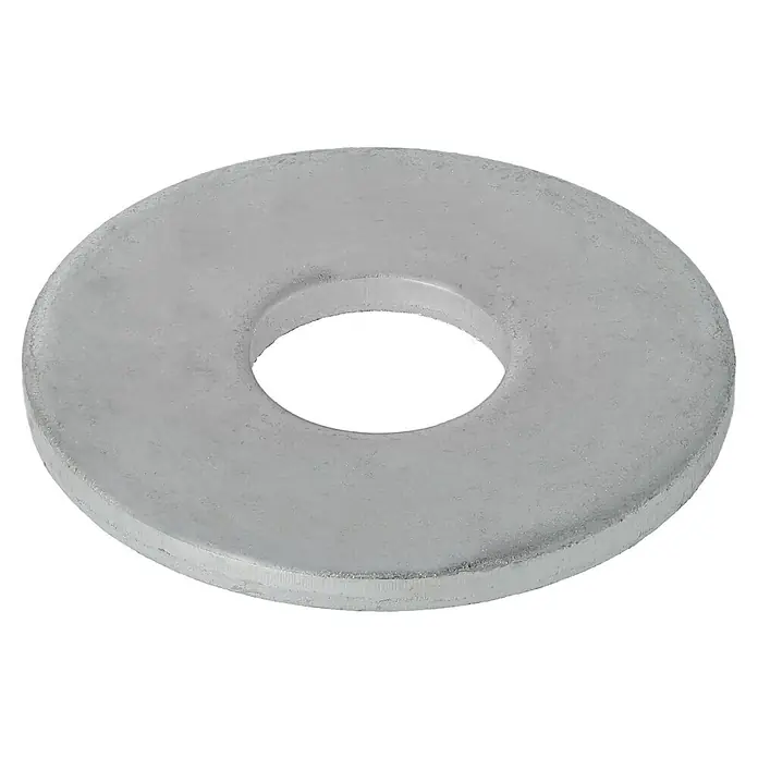 Profi Depot Bauscheibe VZ - 13 mm, 100 Stk., Verzinkt - Nahaufnahme einer glänzenden, metallischen Unterlegscheibe mit einem Loch in der Mitte auf schwarzem Hintergrund.