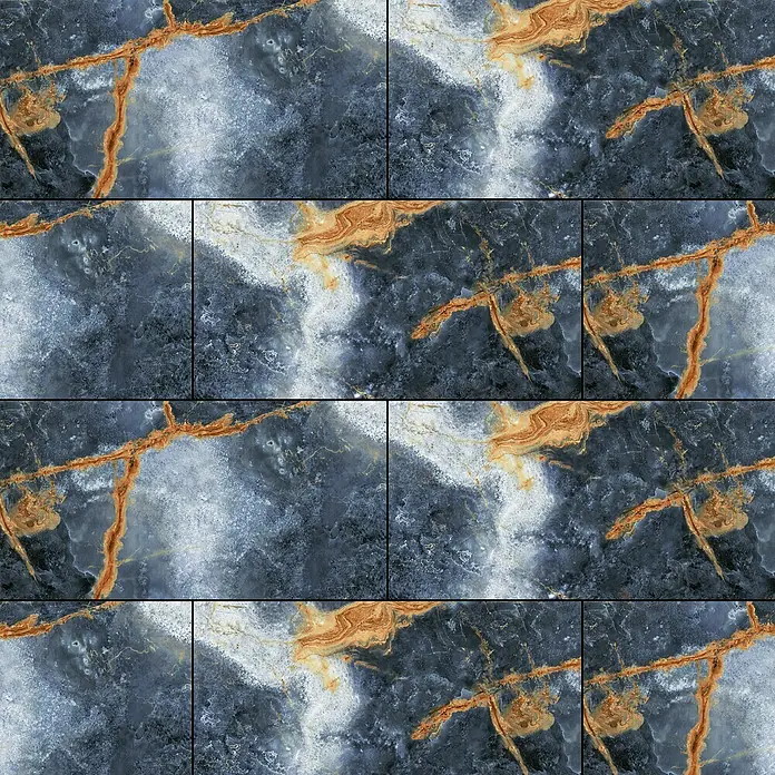 Feinsteinzeugfliese Marmor Marvella - 60 x 120 cm, Anthrazit/Blau, Glänzend - Nahaufnahme von Marmorfliesen mit abstrakten, goldenen Mustern und subtilen Farbverläufen, ideal für moderne Innenräume.