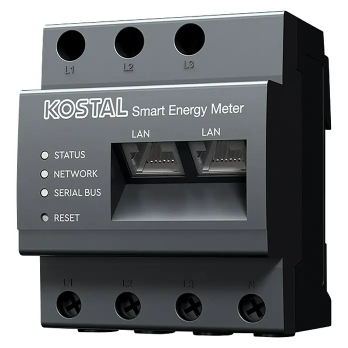 Contador de corriente trifásica Kostal - L x An x Al: 6,5 x 7 x 8,8 cm - Imagen de un KOSTAL Smart Energy Meter, diseñado para la medición y el monitoreo precisos del consumo de energía.