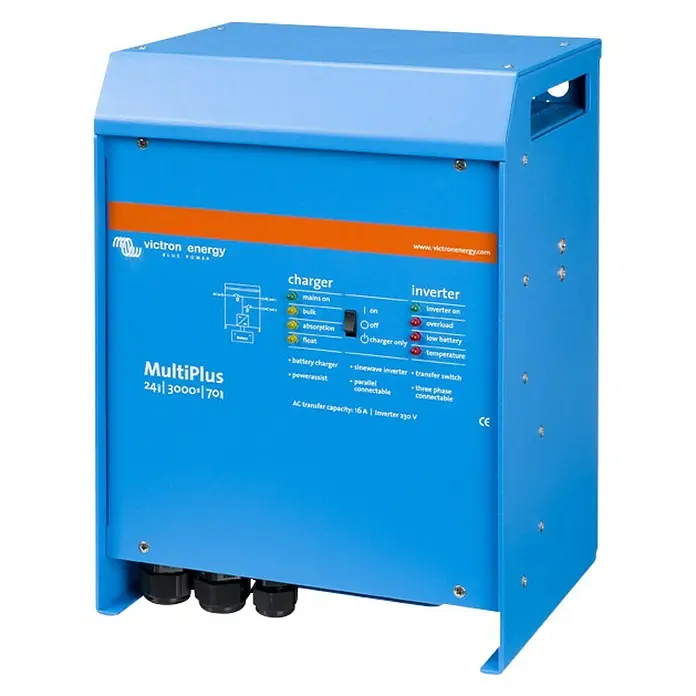 Inversor MultiPlus - 3 kV, 24 V, L x An x Al: 21,8 x 25,8 x 36,23 cm - Imagen del producto Victron Energy MultiPlus 24|3000|701 azul, un versátil inversor/cargador para soluciones de energía fiables.