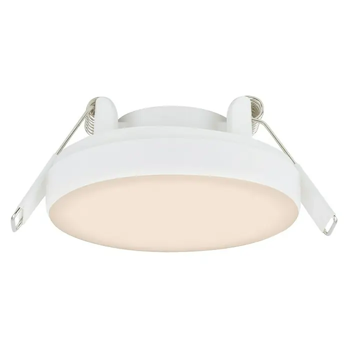 Briloner Foco empotrable Plat - 6 W, Ø x Al: 10 x 3,5 cm, Blanco, Blanco neutro - Primer plano de una lámpara de techo LED blanca con luz blanca cálida y muelles de montaje sobre fondo negro.