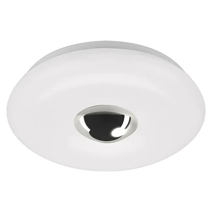 Briloner Plafón LED redondo Nalu - Ø x Al: 29 x 8 cm, Blanco/Cromo, Blanco neutro - Primer plano de una lámpara de techo blanca con un acento plateado en el centro. Un diseño elegante y moderno para complementar cualquier habitación.