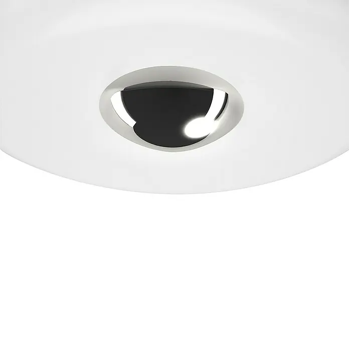 Briloner Plafón LED redondo Nalu - Ø x Al: 29 x 8 cm, Blanco/Cromo, Blanco neutro - Primer plano de una lámpara de techo blanca con un detalle cromado, mostrando un diseño moderno y brillante.