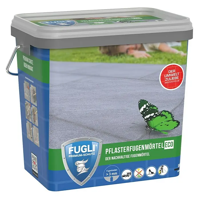 Pflasterfugenmörtel Eco - Grau, 12,5 kg - Das Bild zeigt einen Eimer Fugli Premium-Schutz Pflasterfugenmörtel ECO, der sich ideal für Fugenbreiten über 3 mm eignet und die Umwelt schont.