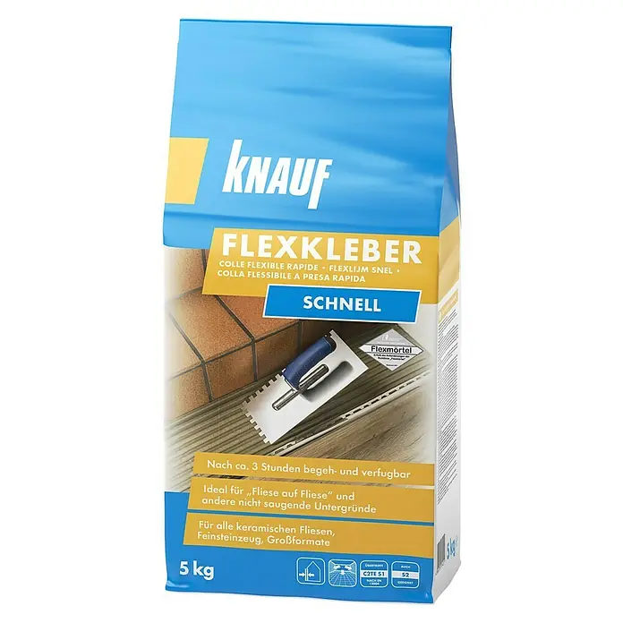 Knauf Flexkleber Schnell - 5 kg - Abbildung einer 5-kg-Packung Knauf Flexkleber Schnell, einem flexiblen Schnellkleber für keramische Fliesen und mehr.