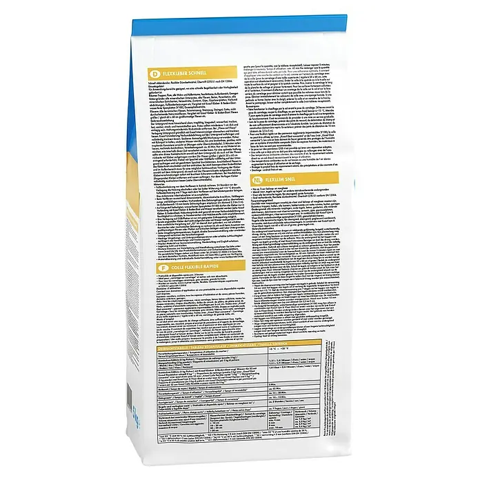 Knauf Flexkleber Schnell - 5 kg - Detailansicht der Rückseite eines 5 kg Sackes Knauf Flexkleber Schnell, ideal zum Verlegen von Fliesen im Innen- und Außenbereich.