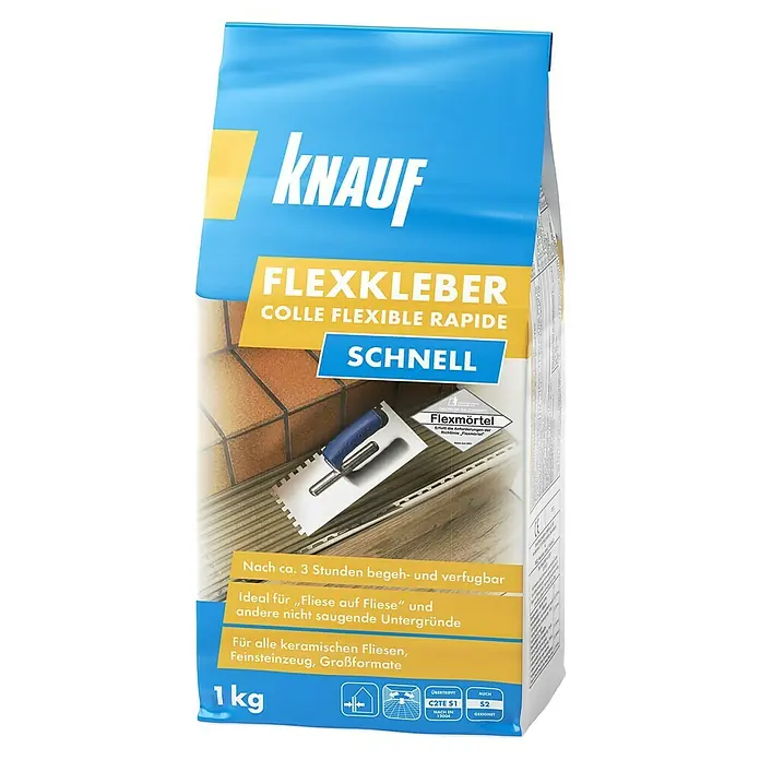 Knauf Flexkleber Schnell - 1 kg - Knauf Flexkleber Sack, schnell trocknender flexibler Kleber für Fliesen, ideal für keramische Fliesen und Feinsteinzeug im Innenbereich.