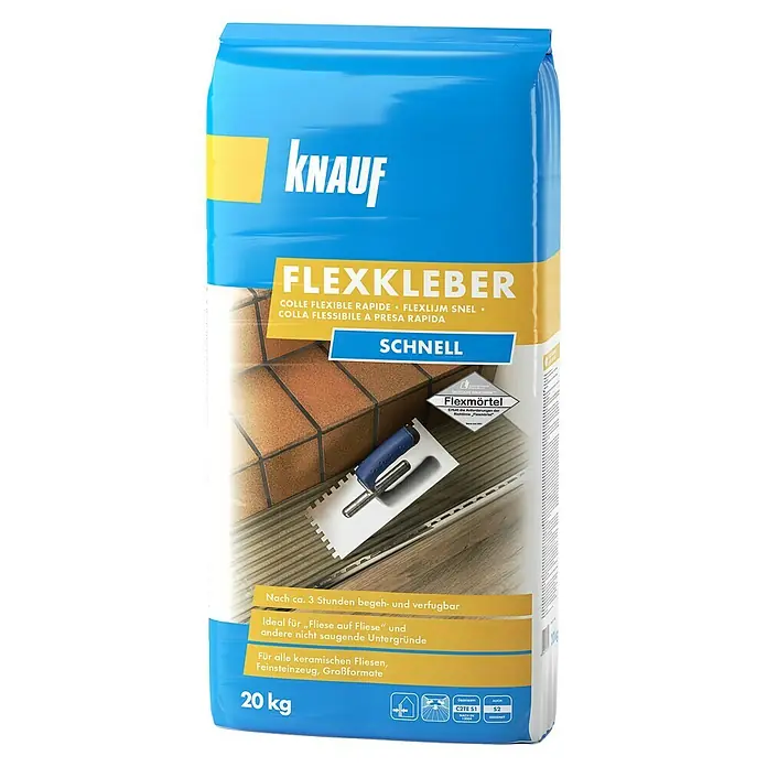 Knauf Flexkleber Schnell - 20 kg - Produktbild von Knauf Flexkleber Schnell, einem flexiblen Fliesenkleber für keramische Fliesen, Feinsteinzeug und Großformate mit 20 kg Inhalt.
