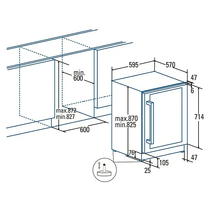 Cata Vinoteca de instalación integrada VI 59082 X - Apto para un número de botellas: 46 ud., L x An x Al: 57 x 59,5 x 82,5 cm, Inox/Negro - Vista del producto con dimensiones para una vinoteca empotrada, detallando las dimensiones y las instrucciones de instalación.