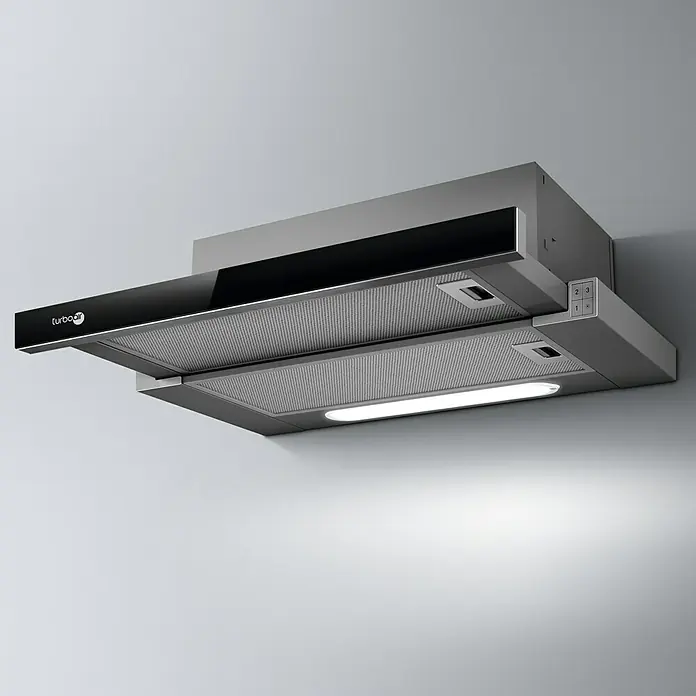 Turboair Campana extensible TT14 Aspirante - Ancho: 60 cm, 304 m³/h, Acero inoxidable - Primer plano de una campana extractora TurboAir, que muestra su diseño elegante y su ventilación eficiente para cocinas modernas.