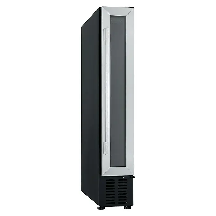 Cata Vinoteca de instalación integrada VI 15107 X - Apto para un número de botellas: 7 ud., L x An x Al: 48 x 15 x 87 cm, Negro/Inox - La imagen muestra un enfriador de vino con una puerta de vidrio y un asa plateada. El enfriador es de color negro e incluye rejillas de ventilación.