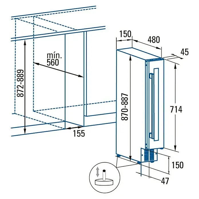 Cata Vinoteca de instalación integrada VI 15107 X - Apto para un número de botellas: 7 ud., L x An x Al: 48 x 15 x 87 cm, Negro/Inox - Dimensiones del producto: Representación detallada de las dimensiones del producto con altura, anchura y profundidad para una instalación precisa.