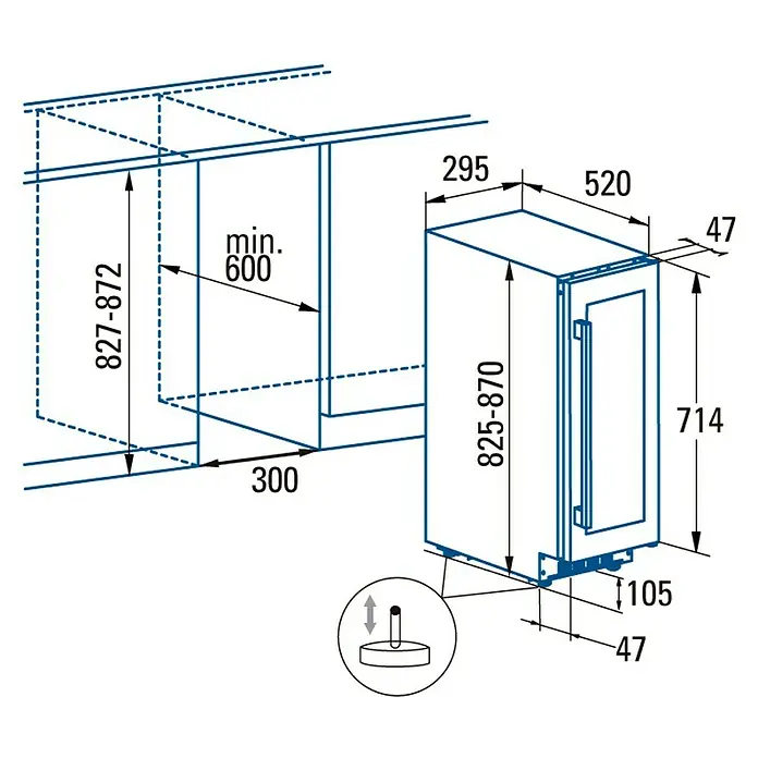 Cata Vinoteca de instalación integrada VI 30117 X - Apto para un número de botellas: 18 ud., L x An x Al: 56,7 x 29,5 x 82,7 cm, Negro/Inox - Imagen del producto con medidas de un refrigerador para vinos, diseñado para una fácil integración en diversas cocinas.