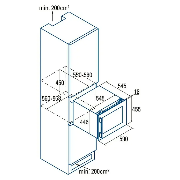 Cata Vinoteca de instalación integrada VI 54024 X - Apto para un número de botellas: 28 ud., L x An x Al: 56,3 x 59 x 45,5 cm, Inox/Negro - Ilustración de una unidad de microondas empotrada con dimensiones detalladas, instalada en un mueble de cocina, para ilustrar las dimensiones de instalación necesarias.