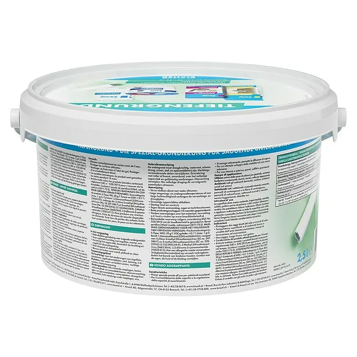 Knauf Tiefengrund - 2,5 l - Nahaufnahme eines Eimers Knauf Tiefengrund, eine spezielle Grundierung für saugende Untergründe.
