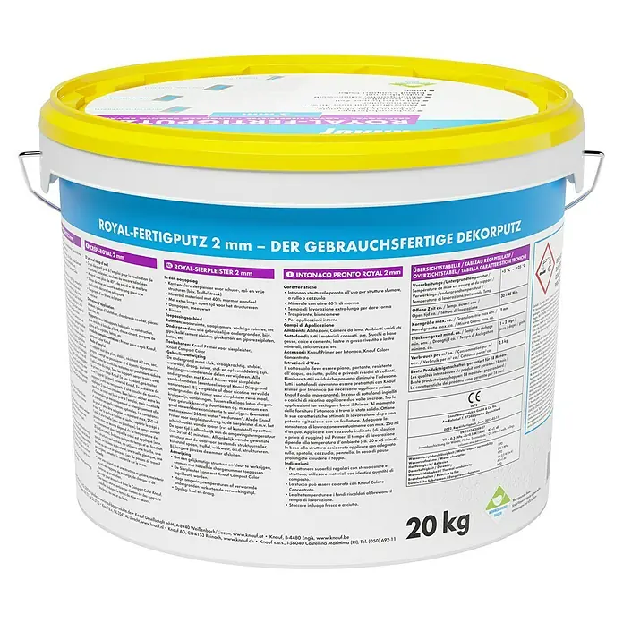 Knauf Dekoputz Royal-Fertigputz - Schneeweiß, Körnung: 2 mm, 20 kg, Konservierungsmittelfrei - Dose mit Royal-Fertigputz 2mm, gebrauchsfertiger Dekorputz für Innenanwendungen, ideal für strukturierte Oberflächen und kreative Wandgestaltung.