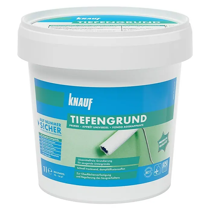 Knauf Tiefengrund - 1 l - Knauf Tiefengrund: Lösemittelfreie Grundierung zur Oberflächenverfestigung und Regulierung des Saugverhaltens für saugende Untergründe.