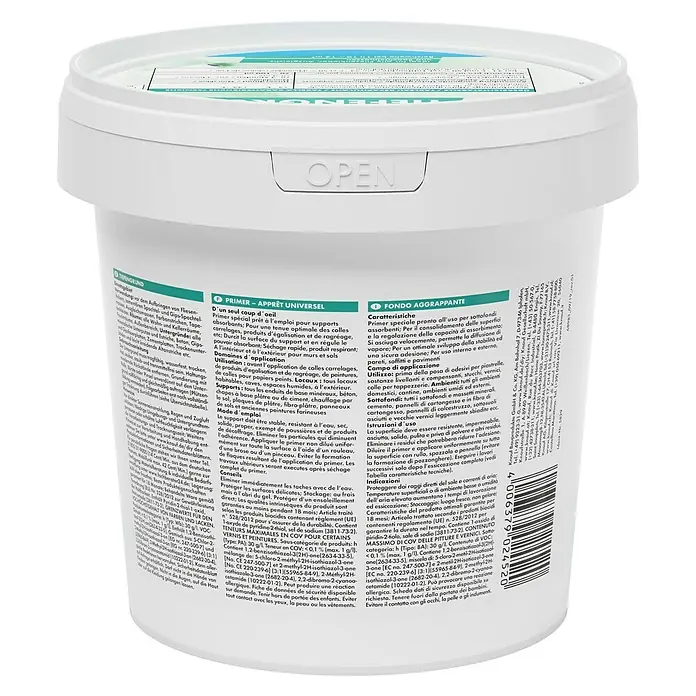Knauf Tiefengrund - 1 l - Bild eines weißen Eimers mit dem Aufdruck "OPEN", der eine Grundierung der Marke Knauf enthält.