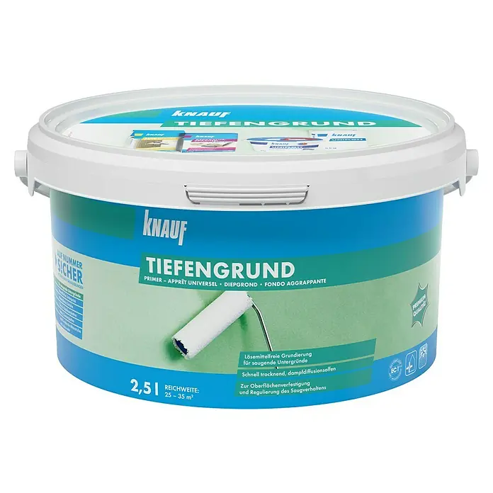 Knauf Tiefengrund - 2,5 l - Ein Eimer Knauf Tiefengrund, eine lösemittelfreie Grundierung für saugende Untergründe, ideal für die Oberflächenverfestigung.