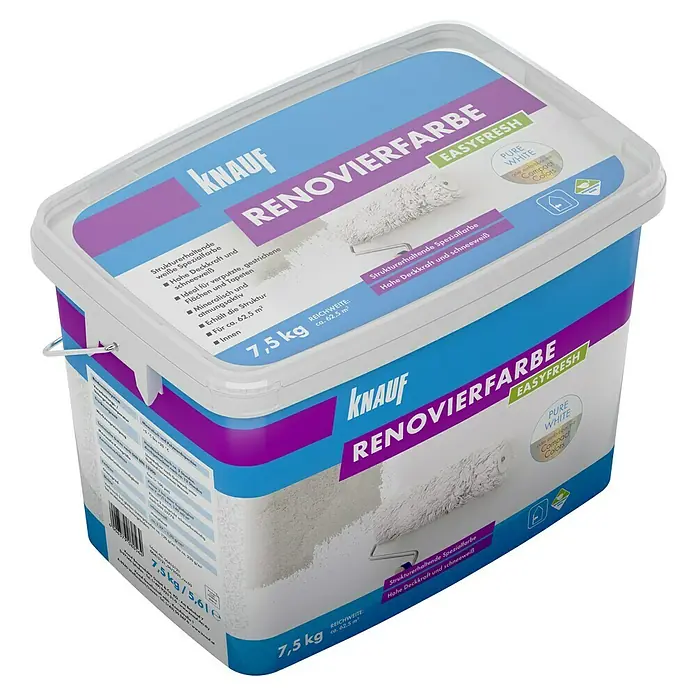 Knauf Wandfarbe Easyfresh - Mineralfarbe, Spezialfarbe, Schneeweiß, Stumpfmatt, 7,5 kg - Farbeimer Knauf Renovierfarbe EasyFresh Pure White mit hoher Deckkraft für strukturierte Spezialanstriche & Innenräume bis ca. 62,5 m².