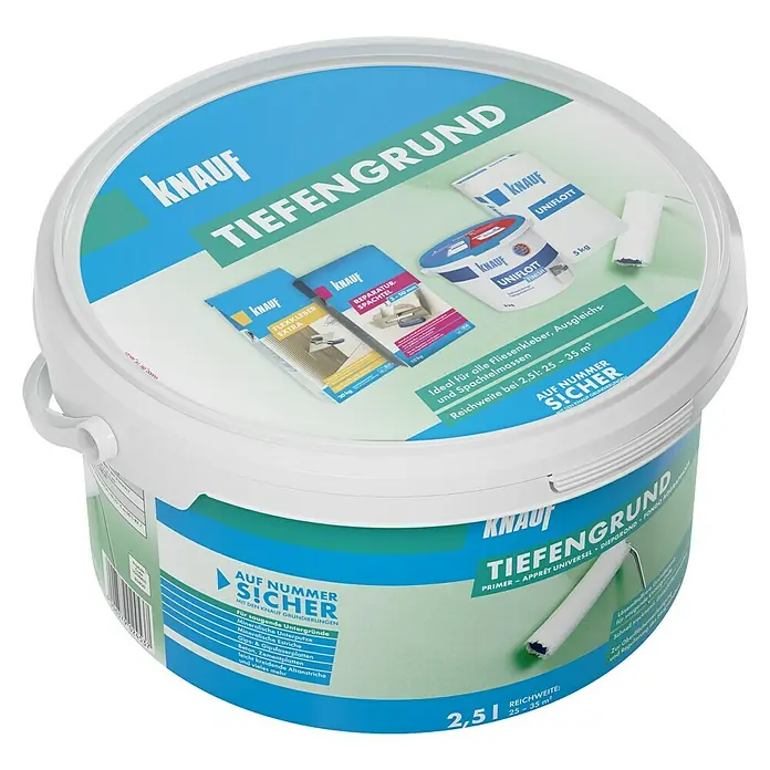Knauf Tiefengrund - 2,5 l - Eimer Knauf Tiefengrund, ein Primer für verschiedene Untergründe, ideal für Fliesenkleber und Spachtelmassen, mit einer Reichweite von 25-35 m².