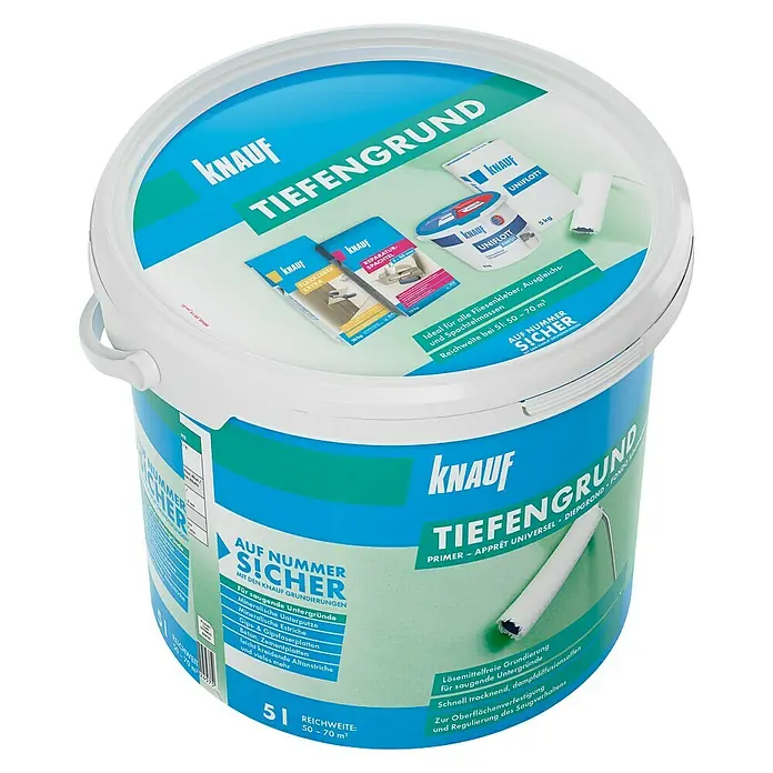 Knauf Tiefengrund - 5 l - Abbildung eines 5L-Eimers Knauf Tiefengrund, einer Grundierung für saugende Untergründe, mit einer Reichweite von 50-70 m².