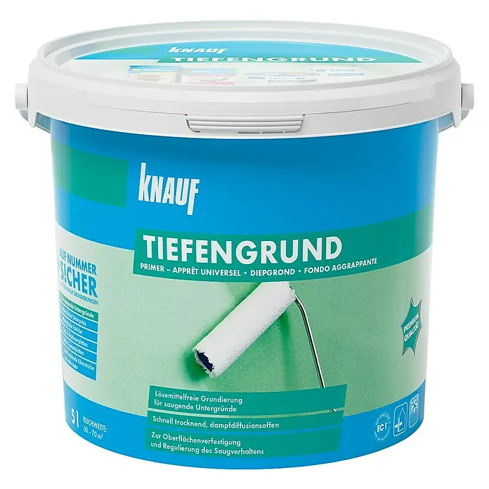 Knauf Tiefengrund - 5 l - Bild eines Eimers Knauf Tiefengrund, einer lösemittelfreien Grundierung für saugende Untergründe.