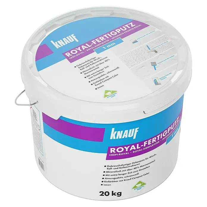 Knauf Dekoputz Royal-Fertigputz - Schneeweiß, Körnung: 1 mm, 20 kg, Konservierungsmittelfrei - Abbildung eines Eimers Knauf Royal-Fertigputz mit Gestaltungsideen und Produkteigenschaften.