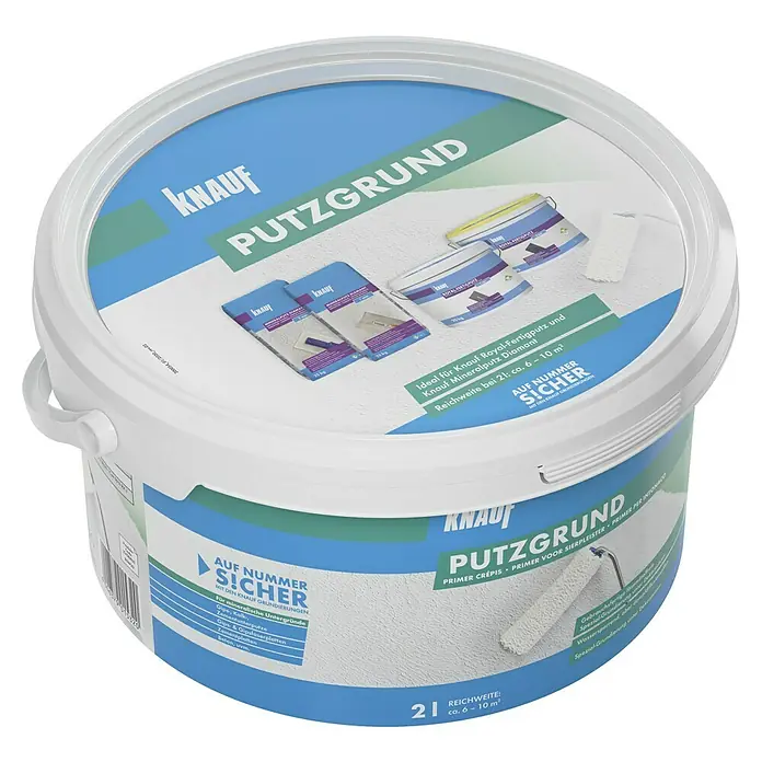 Knauf Putzgrund - 2 l, Weiß - Ein Eimer Knauf Putzgrund, eine Grundierung für Putze, mit Produktinformationen und Anwendungsbeispielen.