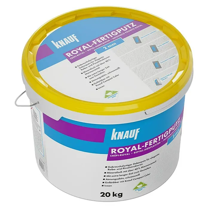 Knauf Dekoputz Royal-Fertigputz - Schneeweiß, Körnung: 2 mm, 20 kg, Konservierungsmittelfrei - Eimer Knauf Royal-Fertigputz, gebrauchsfertiger Dekorputz für Reibe- und Pinselstrukturen, 2 mm Körnung, ideal für den Innenbereich.