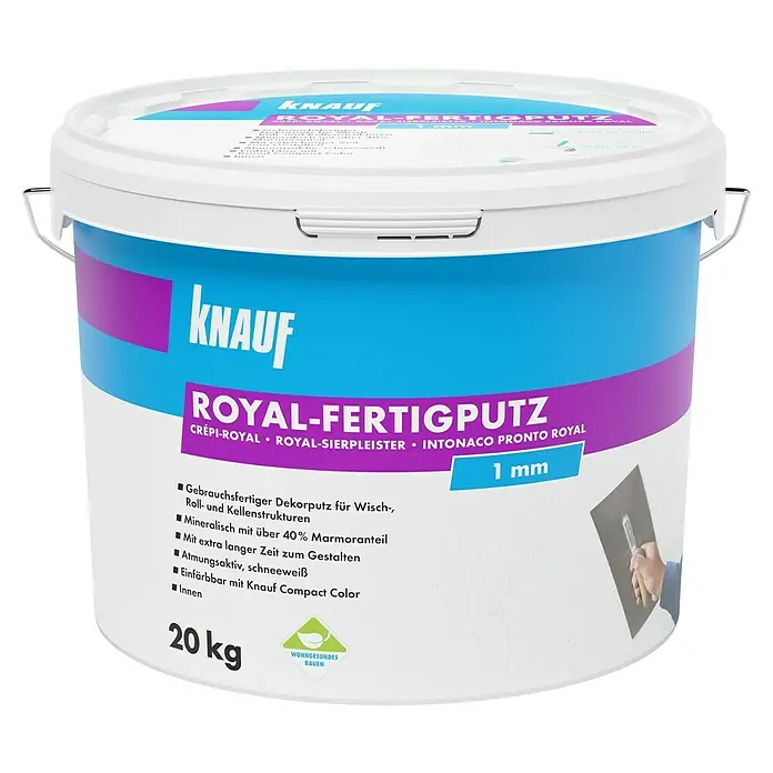 Knauf Dekoputz Royal-Fertigputz - Schneeweiß, Körnung: 1 mm, 20 kg, Konservierungsmittelfrei - Ein Eimer Knauf Royal-Fertigputz, gebrauchsfertiger Dekorputz für Wisch-, Roll- und Kellenstrukturen, mineralisch mit über 40% Marmoranteil.
