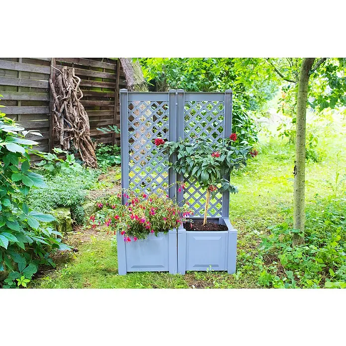 KHW Pflanzkasten - Außenmaß (L x B x H): 43 x 43 x 140 cm, Kunststoff, Grau, Mit Rankgitter, 2 Stk. - Garten-Hochbeet mit Rankgitter. Das Beet ist bepflanzt mit blühenden Pflanzen in Rot und Pink und bietet eine schöne Optik für den Garten.