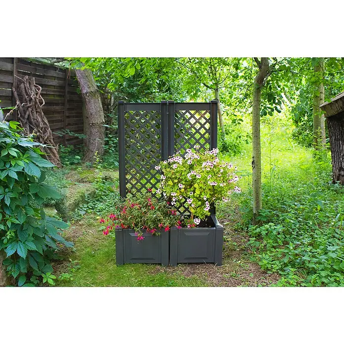KHW Pflanzkasten - Außenmaß (L x B x H): 43 x 43 x 140 cm, Kunststoff, Anthrazit, Mit Rankgitter, 2 Stk. - Ein graues, hohes Pflanzgefäß mit Spalier und bunten Blumen steht im Garten und sorgt für einen Farbtupfer inmitten des Grüns.