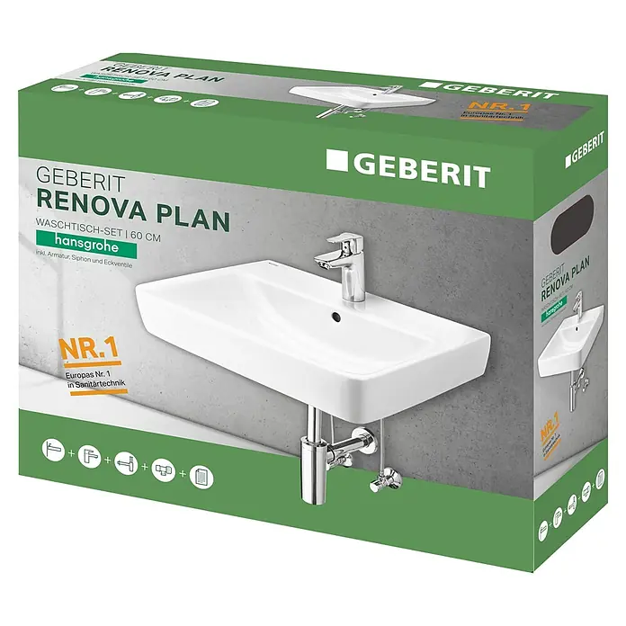 Geberit Renova Plan Waschtisch-Set - 60 x 48 cm, Ohne Spezialglasur, Hahnloch: Mitte, Mit Überlauf, Weiß, Mit Zubehör - Produktverpackung Geberit Renova Plan Waschtisch-Set mit Armatur, Siphon und Eckventilen. Das Set ist ideal für jedes Badezimmer.