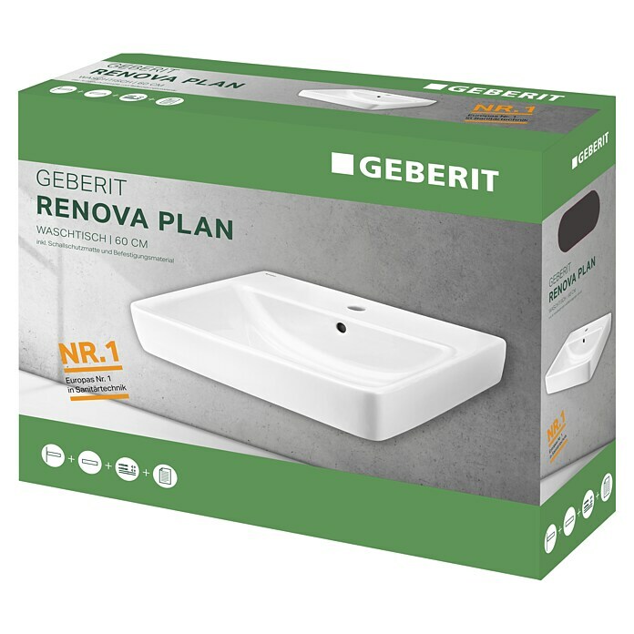 Geberit Renova Plan Waschtisch60 x 48 cm, Ohne Spezialglasur, Hahnloch: Mitte, Mit Überlauf, Weiß Diagonal View