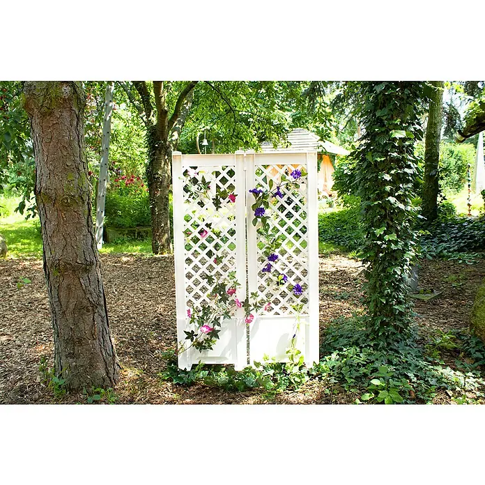 KHW Rankgitter 2er-Set - L x H: 43 x 137 cm, Weiß - Dekorative, weiße Gartenwand mit Kletterpflanzen im sonnigen Garten. Sie dient als Sichtschutz und verleiht dem Außenbereich eine romantische Note.