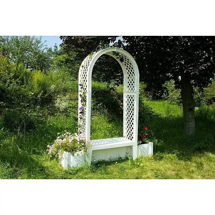 KHW Gartenbank Brüssel - B x T x H: 174 x 49 x 207 cm, Weiß - Weißer Gartenbogen mit integrierter Bank und Pflanzkästen, mit lila und rosa Blumen geschmückt.