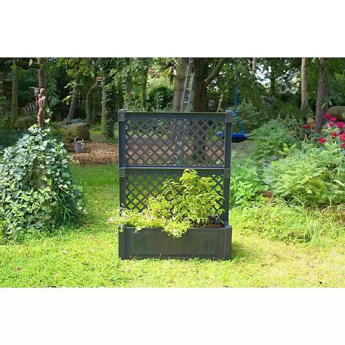 KHW Pflanzkasten mit Zentralspalier - Außenmaß (L x B x H): 100 x 43 x 140 cm, Kunststoff, Anthrazit - Dunkelgraues Pflanzgefäß mit Spalier, bepflanzt mit blühenden Pflanzen, in einem Garten.