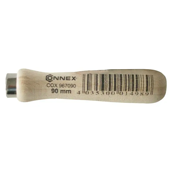 Connex Mango para lima - Largo: 90 mm, Madera - Primer plano de un mango de escoplo Connex, hecho de madera clara, con información del producto y código de barras impresos, 90 mm de longitud.