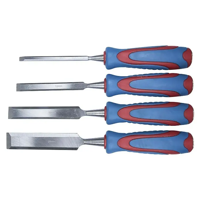 Connex Set de formones CPT860000 - 4 pzs., Ancho de la hoja 6/12/18/26 mm - Juego de cinceles con mangos azules y rojos. Los cinceles tienen diferentes tamaños adecuados para diversas tareas de carpintería.