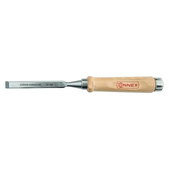 Connex Cincel - Anchura de hoja: 12 mm, Material empuñadura: Madera - En la imagen se muestra un cincel Connex con mango de madera y hoja de cromo vanadio de 12mm, ideal para trabajos de madera.
