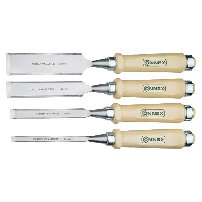 Connex Set de cinceles COX861000 - 4 pzs., Ancho de la hoja 8/14/22/30 mm - Un juego de cuatro cinceles CONNEX de acero al cromo vanadio con mangos de madera de diferentes tamaños para carpintería.
