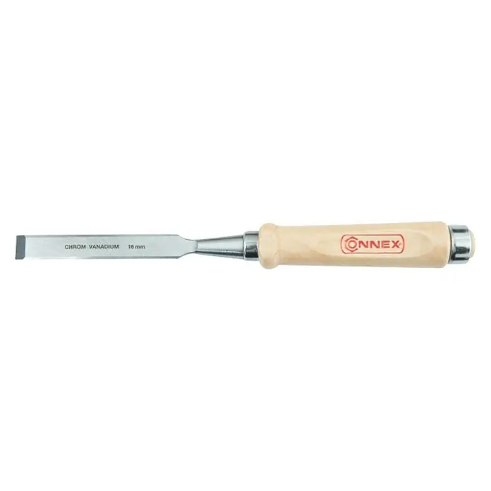 Connex Cincel - Anchura de hoja: 16 mm, Material empuñadura: Madera - Imagen de un formón para madera con mango de madera y hoja de acero al cromo vanadio, ideal para trabajos de carpintería de precisión.