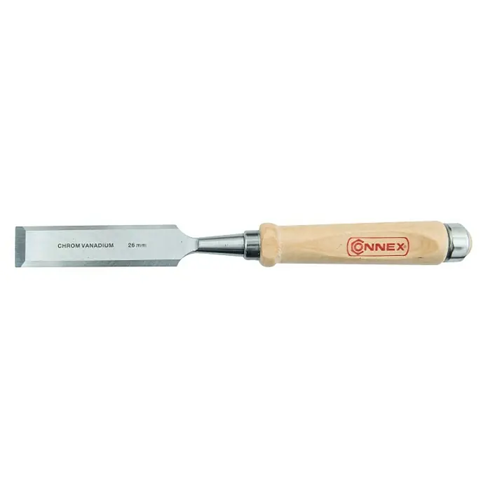 Connex Cincel - Anchura de hoja: 26 mm, Material empuñadura: Madera - Se muestra un formón para madera con mango de madera y la inscripción "Connex". La herramienta está hecha de acero al cromo vanadio.