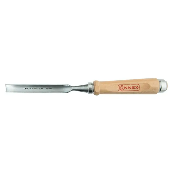 Connex Formón acanalado - Anchura de hoja: 16 mm - Primer plano de un formón para madera CONNEX de 16 mm con hoja de acero al cromo vanadio y mango de madera, ideal para trabajos detallados.