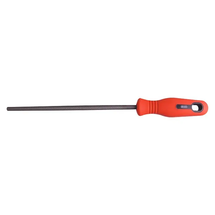 Connex Lima redonda COX965 - Longitud hoja de lima: 200 mm - Esta imagen muestra una lima de aguja con mango rojo. La lima tiene un grano fino, ideal para trabajos de precisión.